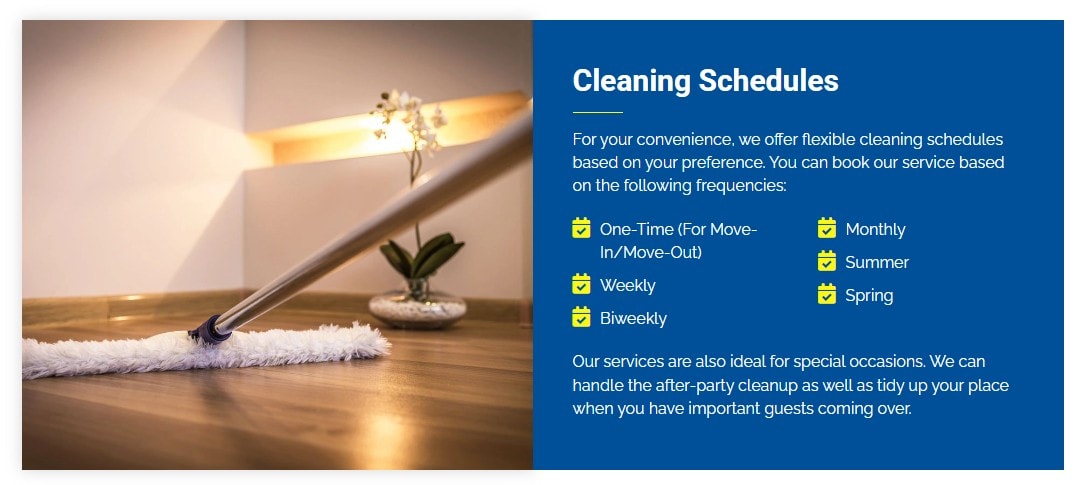 Cleaning schedules — One-Time, Weekly, Biweekly, Monthly, Summer, Spring